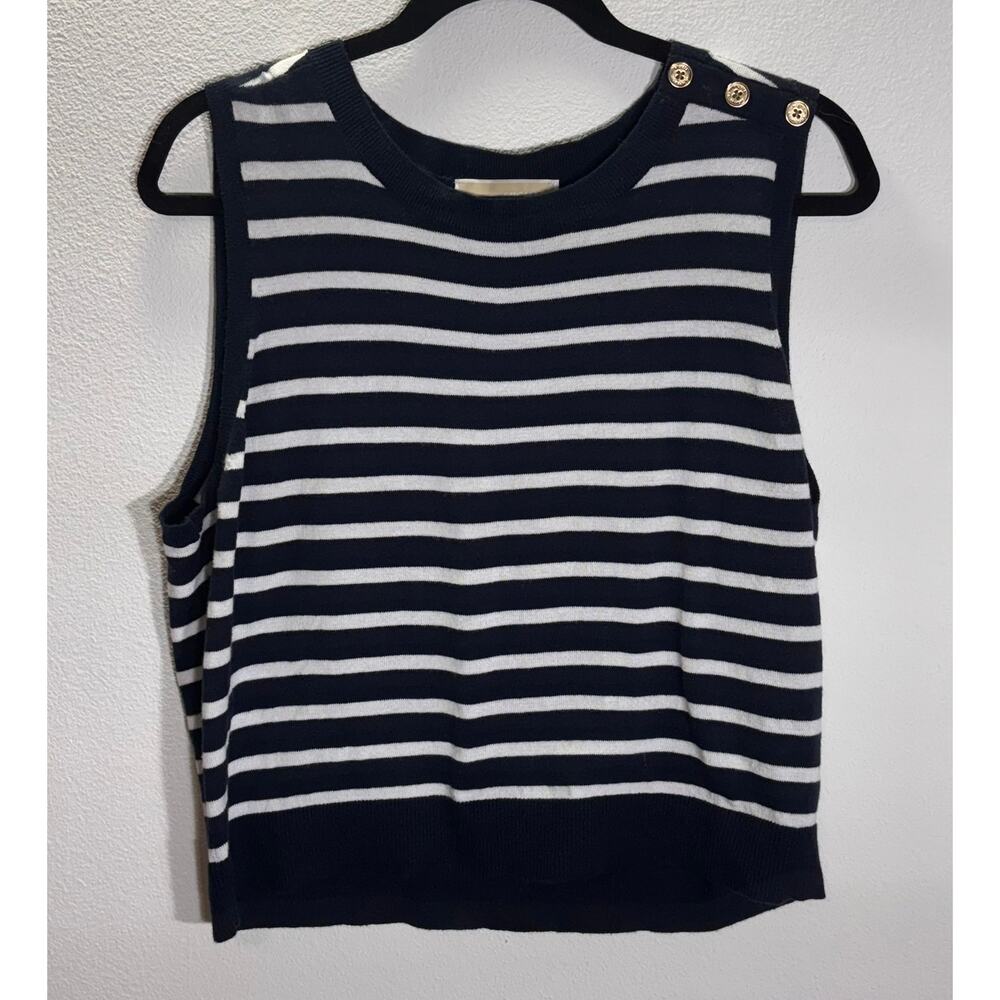 Michael Kors Navy White Stripe Sleeveless Knit Top XL Gold Button Shoulder
